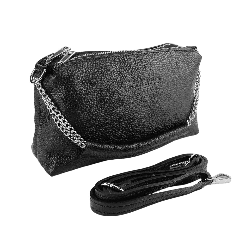 Women's Handbag in Black Italian Leather – Double Closure &amp; Removable Shoulder Strap