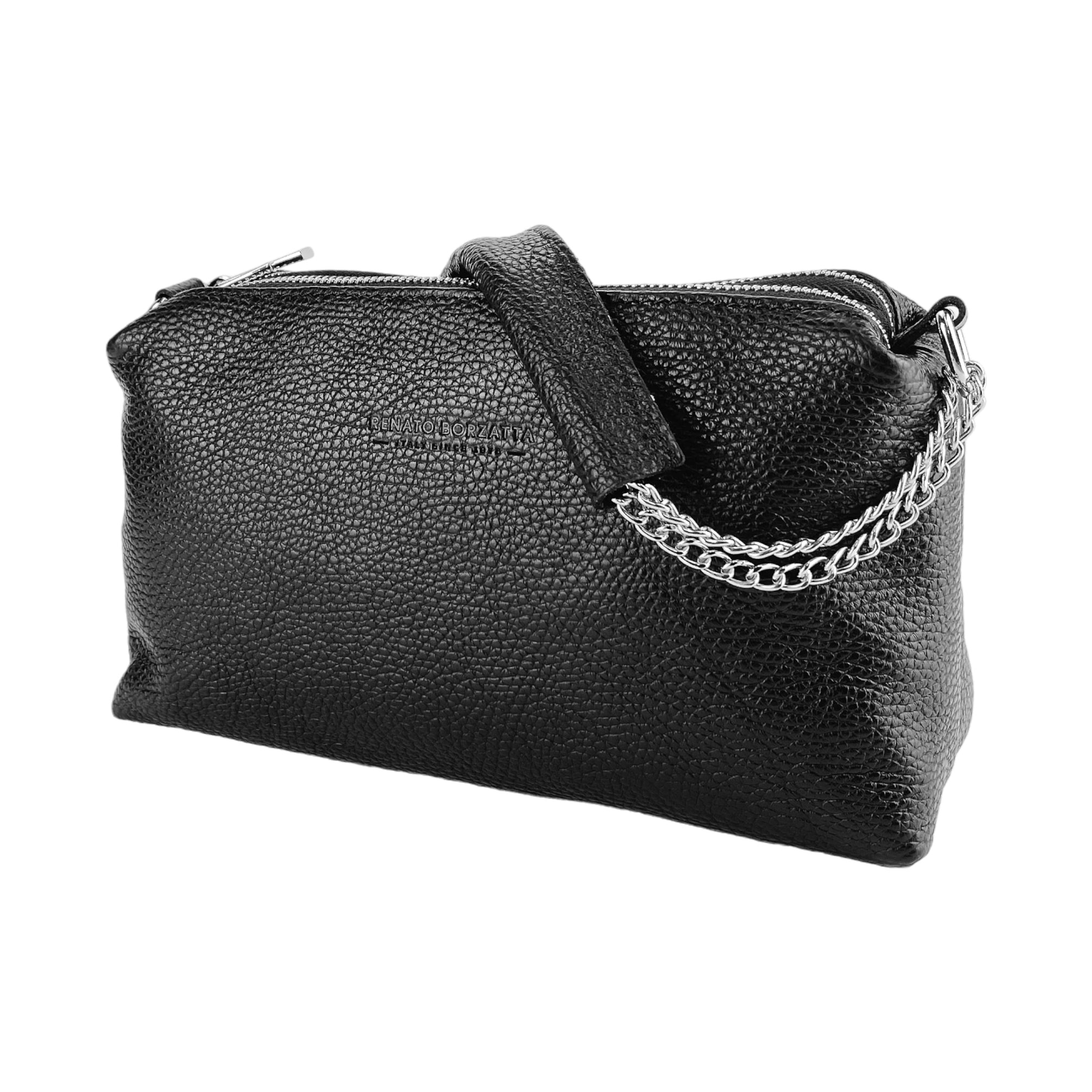 Sac à Main Femme en Cuir Italien Noir – Double Fermeture & Bandoulière Amovible